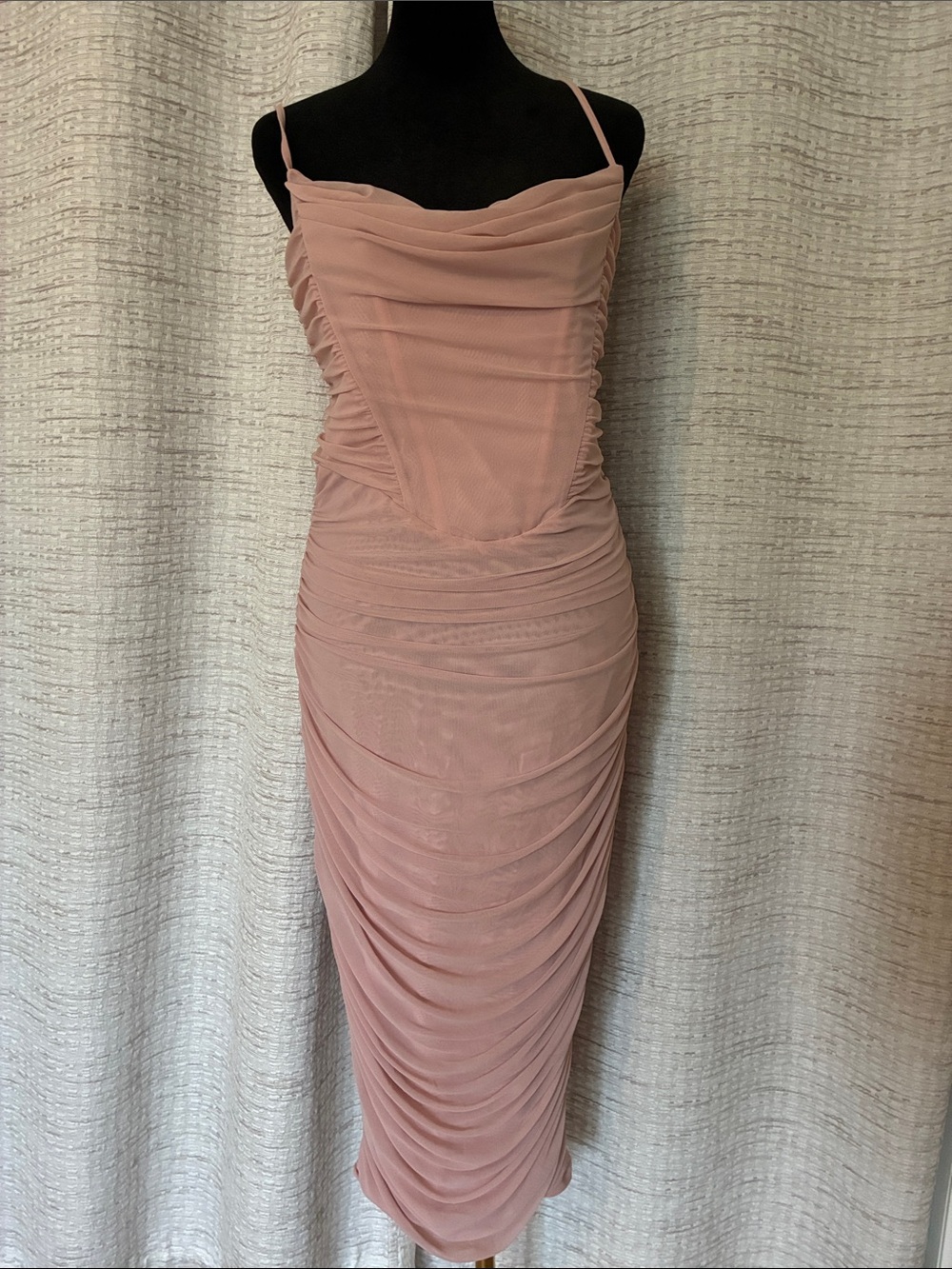 White Fox Boutique Dusty Rose Ruched Mesh Midi Dress